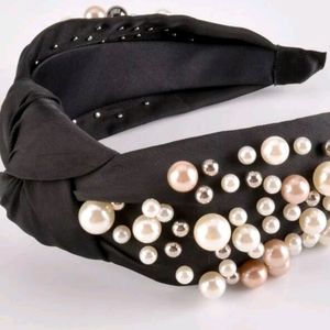 Pearl Beaded Black Satin Headband